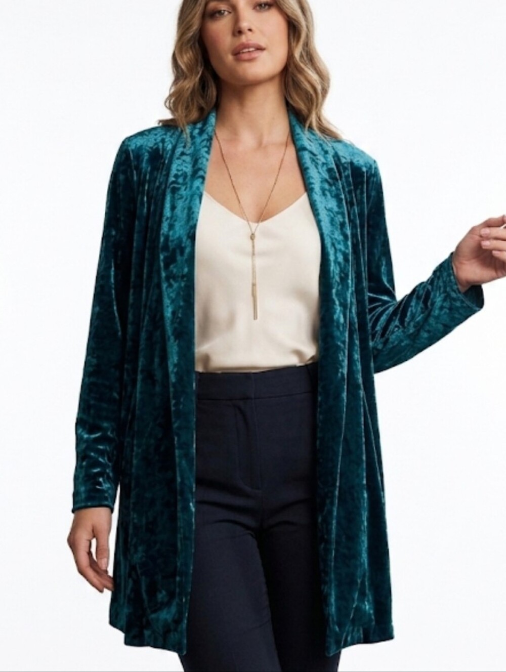 Harris Wallace Women's Silk Blend  Teal Velvet  Open-Front Blazer Jacket Size S
